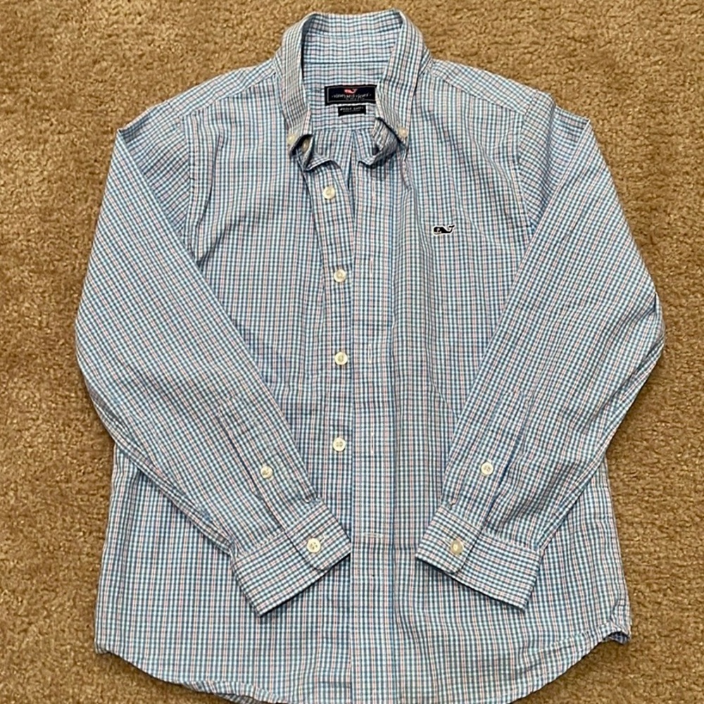 Vineyard Vines boys size 7 blue and Pink button down whale shirt
